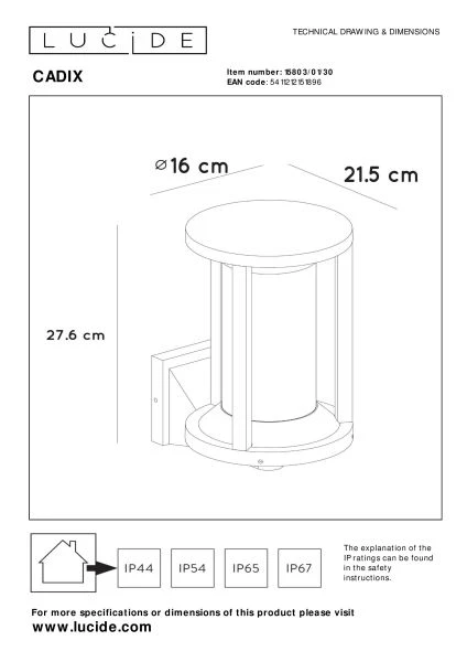 Lucide CADIX - Wandleuchte Innen/Außen - 1xE27 - IP65 - Schwarz - TECHNISCH